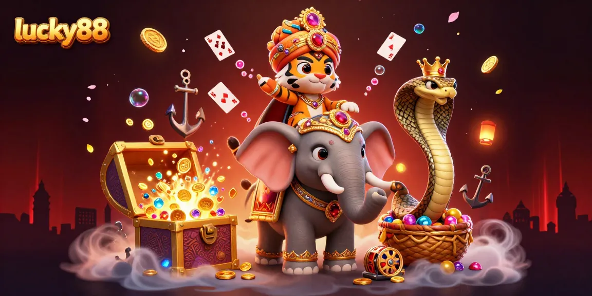 Engage with lucky88's thrilling gaming experience through an animated illustration showcasing vibrant casino elements.