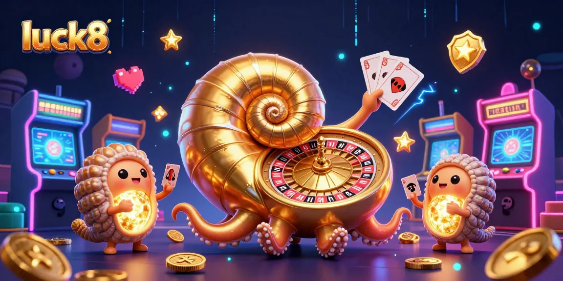 Experience luck8 gaming excitement with a glowing nautilus roulette wheel, card hands, and arcade action.