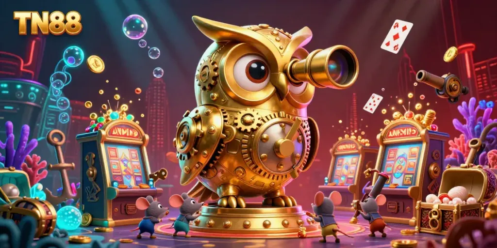 Experience the vibrant TN88 casino scene with a golden owl and lively mouse patrons, packed with action.