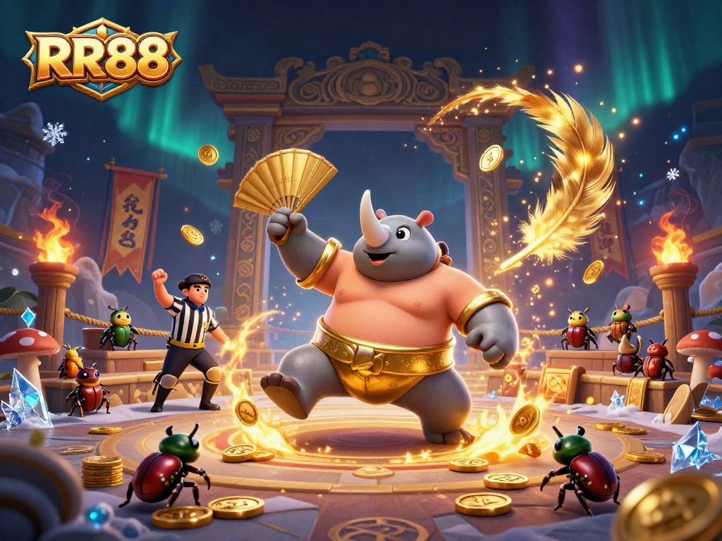 Experience the thrilling action at RR88 Casino with a vibrant 3D beetle showdown and golden coins.