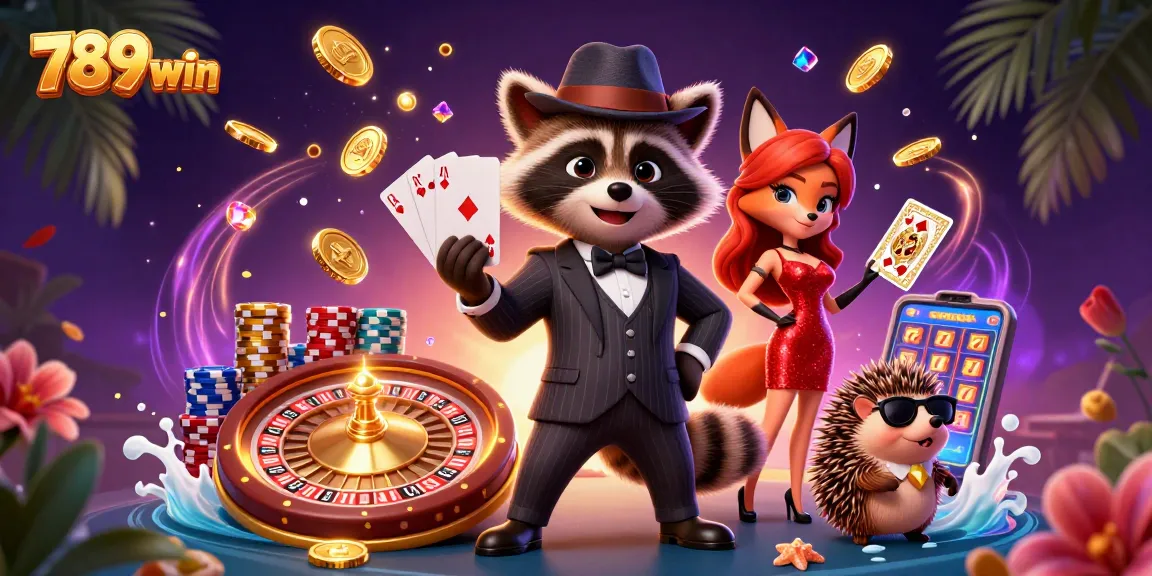 Engage with thrilling games at 789win featuring a raccoon holding royal flush and exciting casino elements.