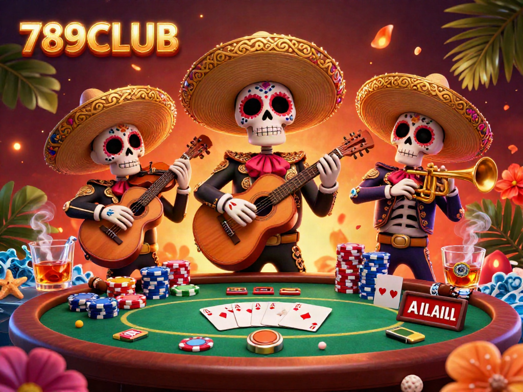 Engage in vibrant poker action with colorful 789CLUB mariachi characters and dynamic gambling elements.