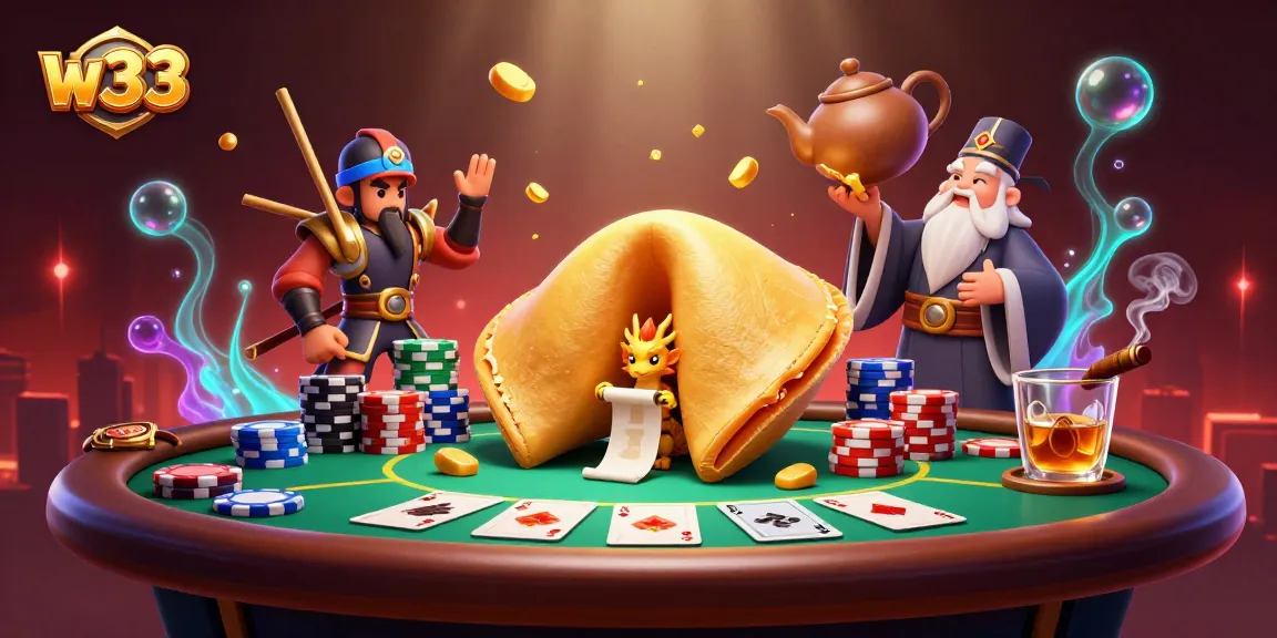 W33 players engaging in intense poker action with golden fortune cookie and whimsical dragon.