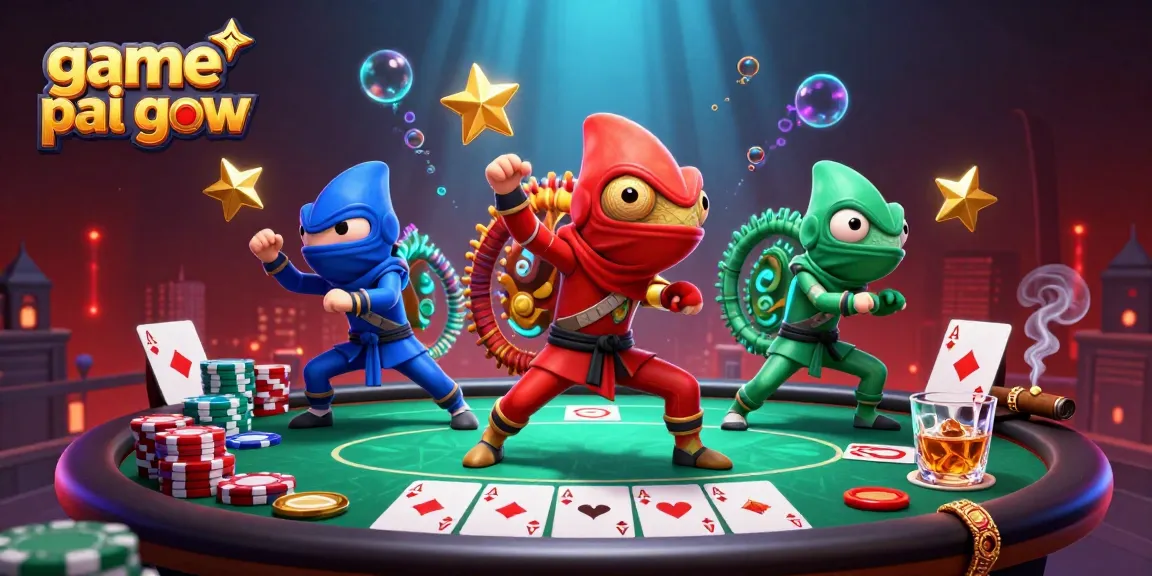 Engage with game pai gow as 3D ninja chameleons perform on a vibrant casino rooftop.