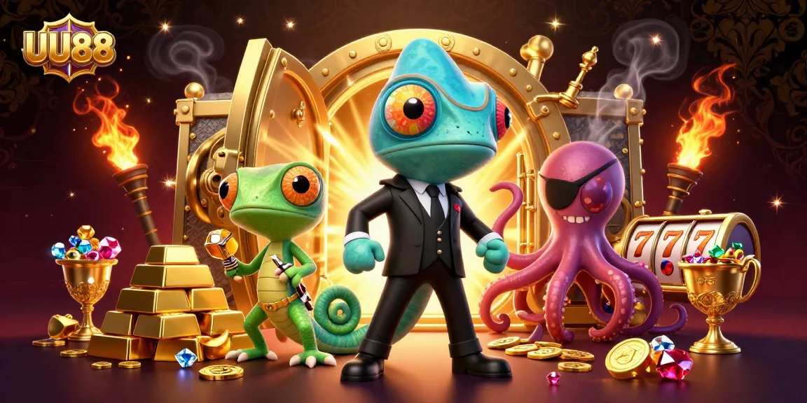 Engaging UU88 casino scene with a colorful 3D illustration featuring a chameleon, gecko, and octopus surrounded by rich gaming elements.