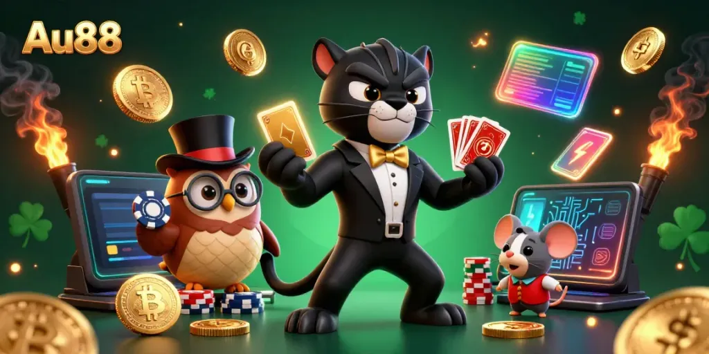 Place bets confidently at Au88 casino, engaging a 3D scene with a stylish cartoon panther dealing cards.