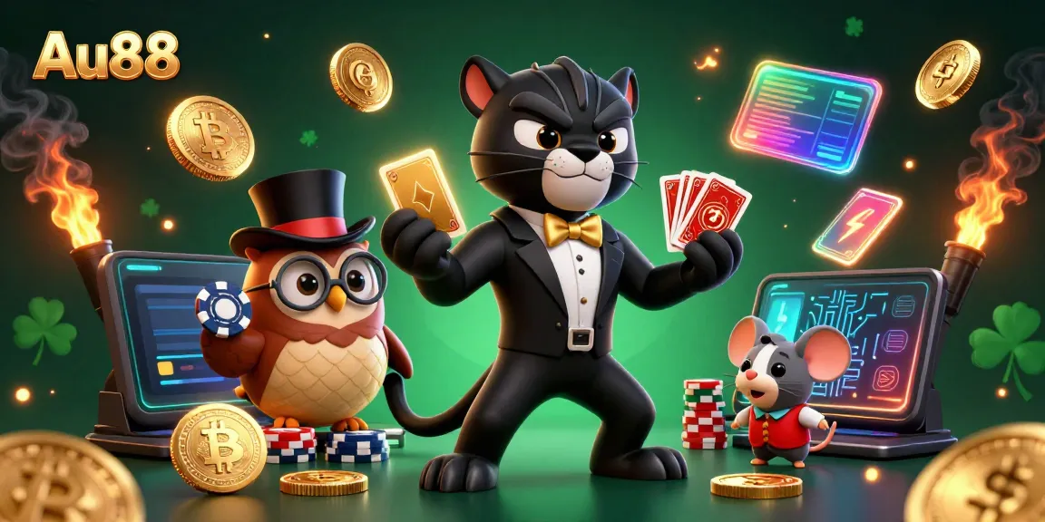 Place bets confidently at Au88 casino, engaging a 3D scene with a stylish cartoon panther dealing cards.