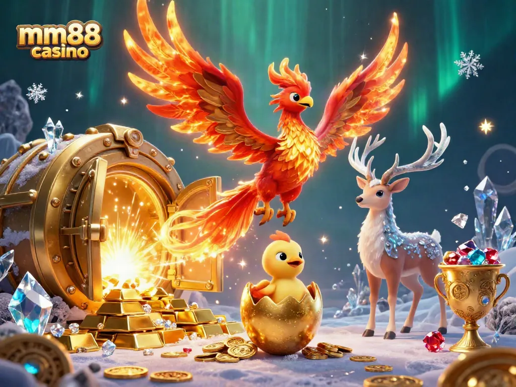 Engage in exciting gameplay at mm88 casino with vibrant phoenix characters amidst gold riches.