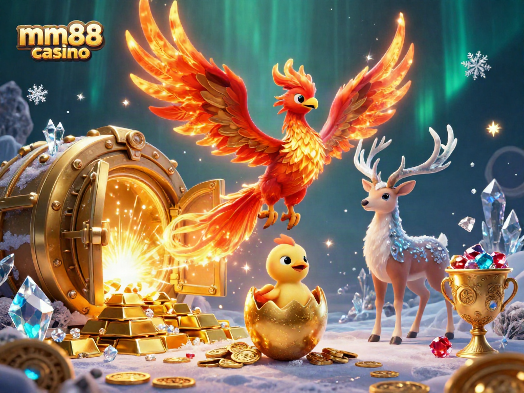 Engage in exciting gameplay at mm88 casino with vibrant phoenix characters amidst gold riches.