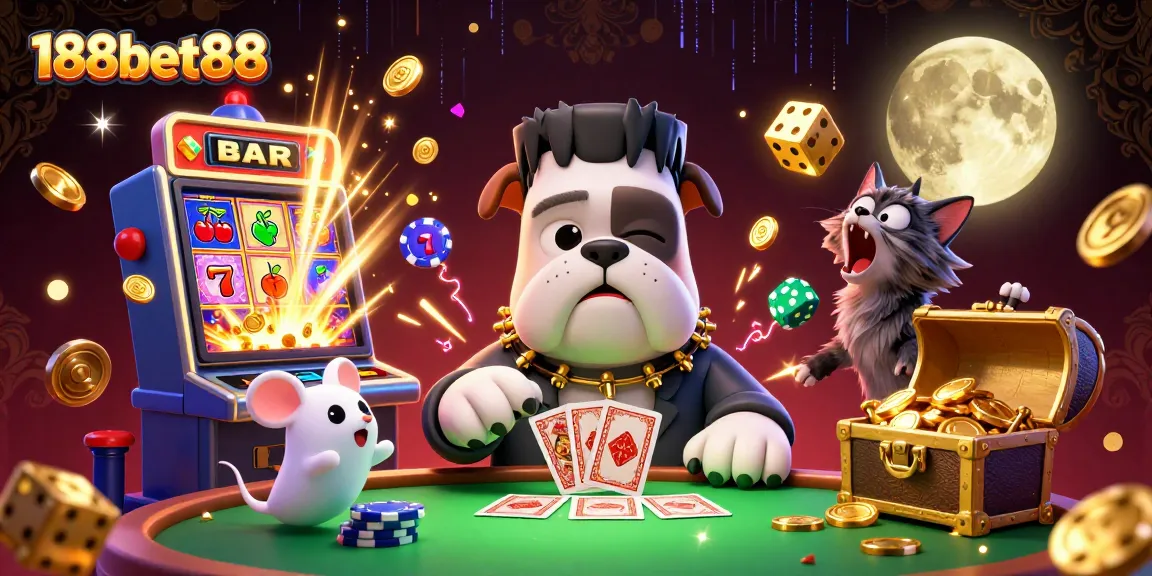 Experience the excitement of 188bet88 with a lively casino scene featuring a Frankenstein bulldog dealing cards surrounded by gaming riches.