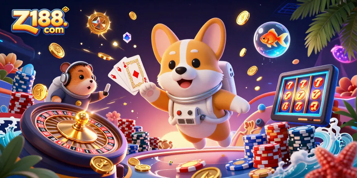 Experience the excitement of gaming at Z188. com with a dynamic space-themed casino scene featuring playful characters.