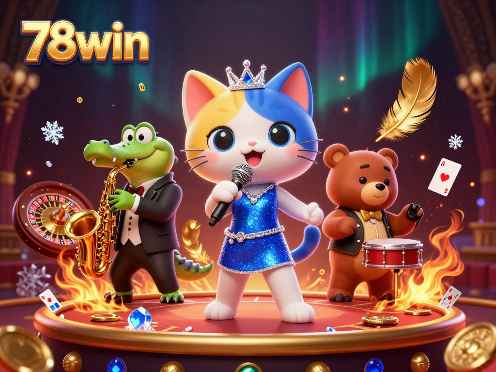 Join the lively entertainment at 78win casino with a jazzy cat, croc, and bear performing under dazzling lights.