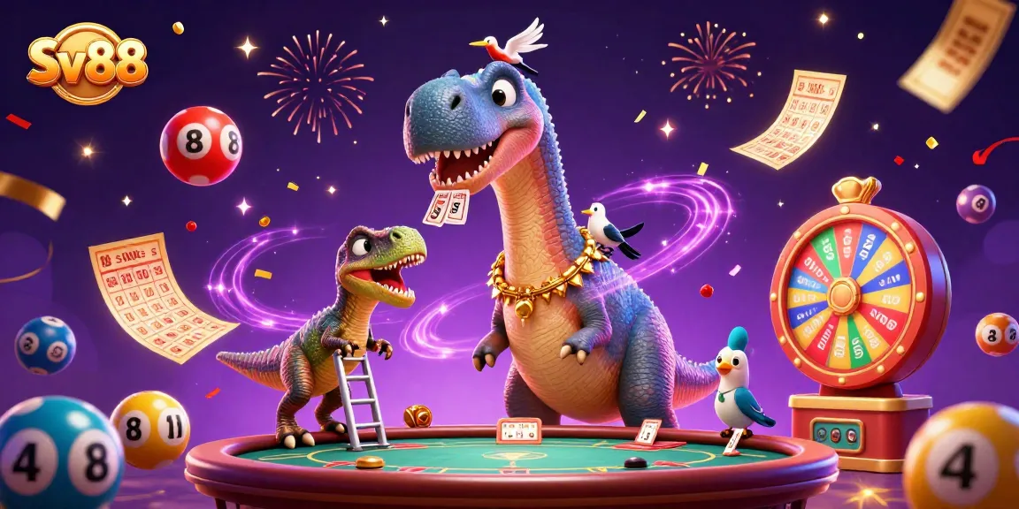 Engage with Sv88 in a vibrant casino scene featuring a playful dinosaur and dynamic gaming elements.