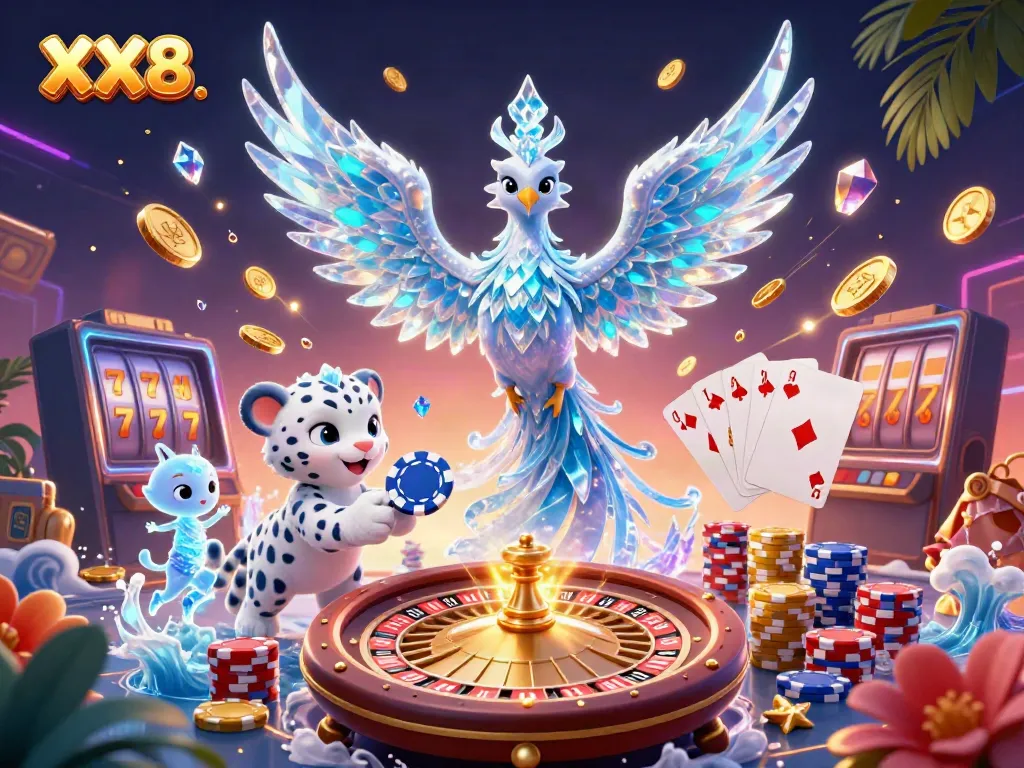 Experience thrilling gameplay at XX8 with an ice phoenix, poker chip antics, and vibrant casino elements.