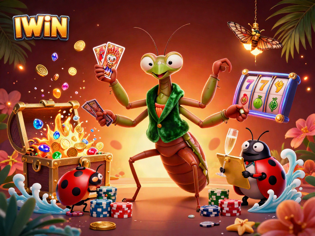 IWIN casino scene depicting a mantis card sharp and ladybug pit boss amid dynamic gaming elements and treasure