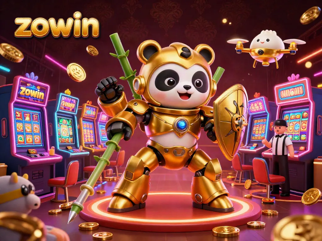Experience the thrilling excitement of zowin's vibrant casino arena with golden panda warriors and glowing jackpots.