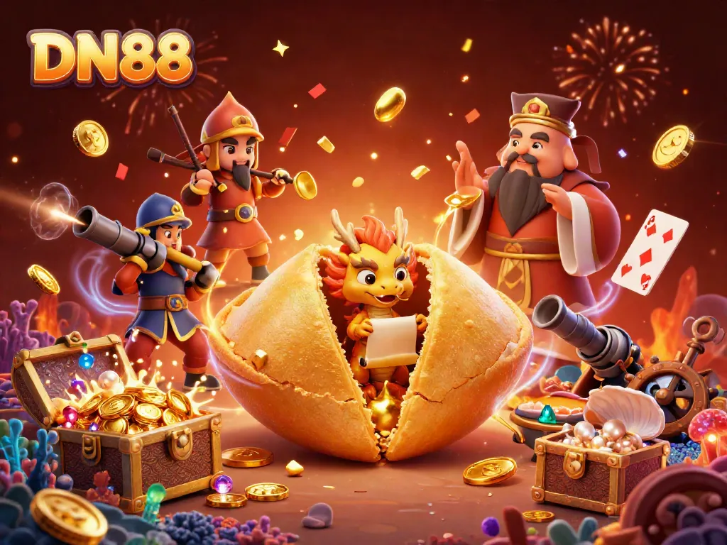 Experience the excitement of DN88 with a vibrant 3D scene of a golden fortune cookie, wise dragon, and treasure elements.