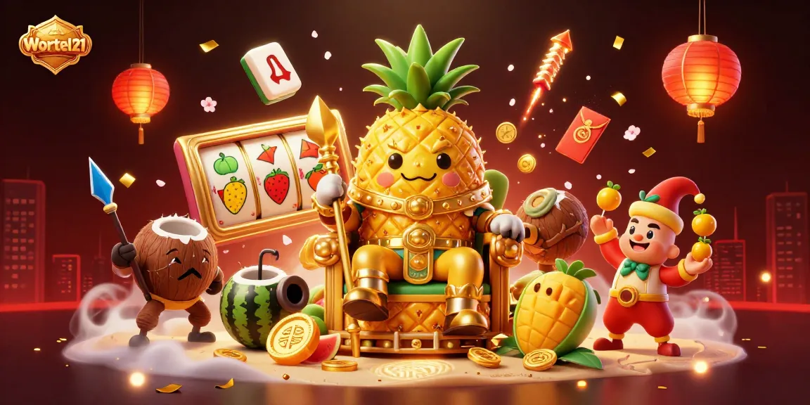 Play innovative slot games at Wortel21 with vibrant fruit symbols and dynamic elements in a lively casino scene.