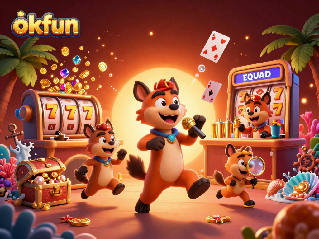 Join the fun at okfun with hyenas at a lively comedy casino club filled with unique game symbols.