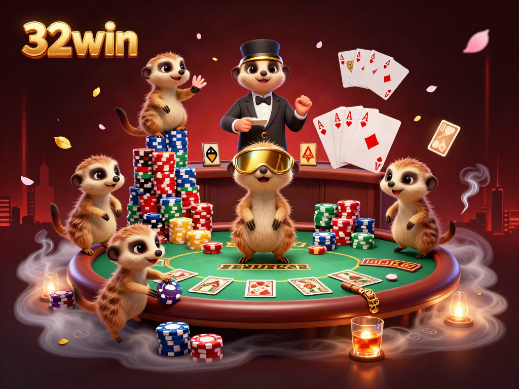 Experience the thrill of 32win with meerkats running a lively casino in this vibrant 3D illustration.