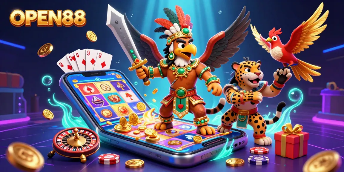 Experience thrilling gameplay at OPEN88 with vibrant 3D Aztec warriors in a dynamic casino scene.