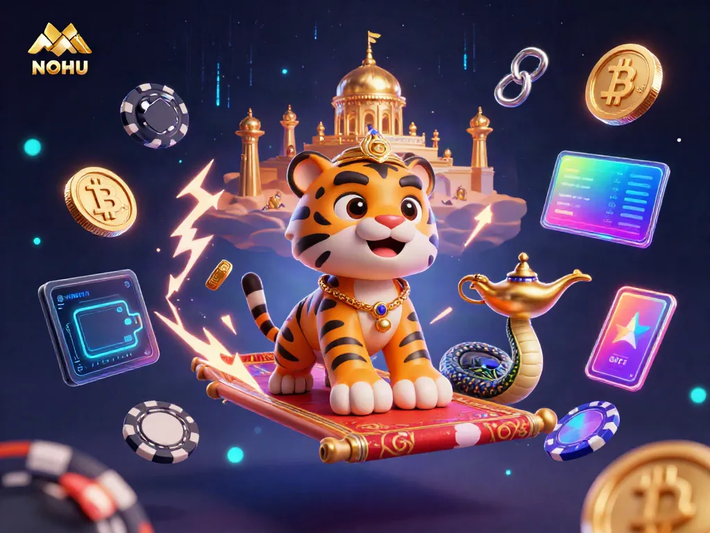 Experience the thrill of NOHU with a vibrant 3D illustration showcasing an Arabian Nights-themed scene filled with animated casino elements.