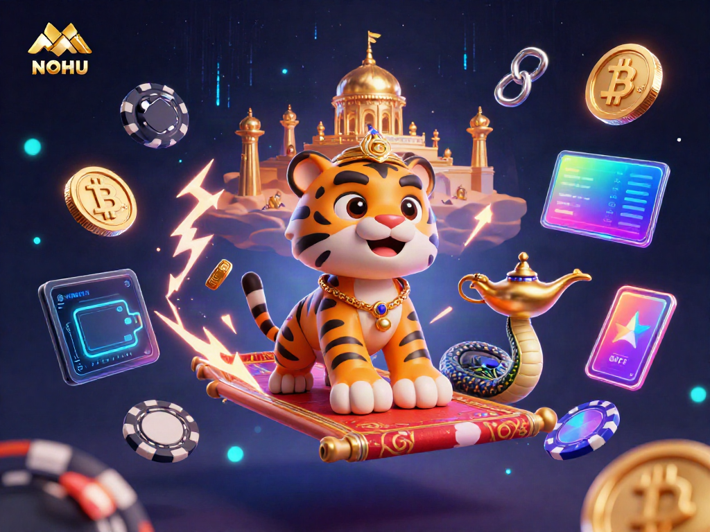 Experience the thrill of NOHU with a vibrant 3D illustration showcasing an Arabian Nights-themed scene filled with animated casino elements.