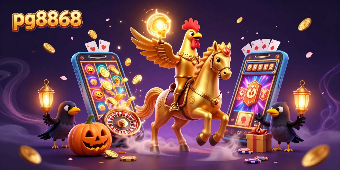 Join the fun at pg8868, featuring a vibrant golden rooster in a casino scene, surrounded by gaming action.