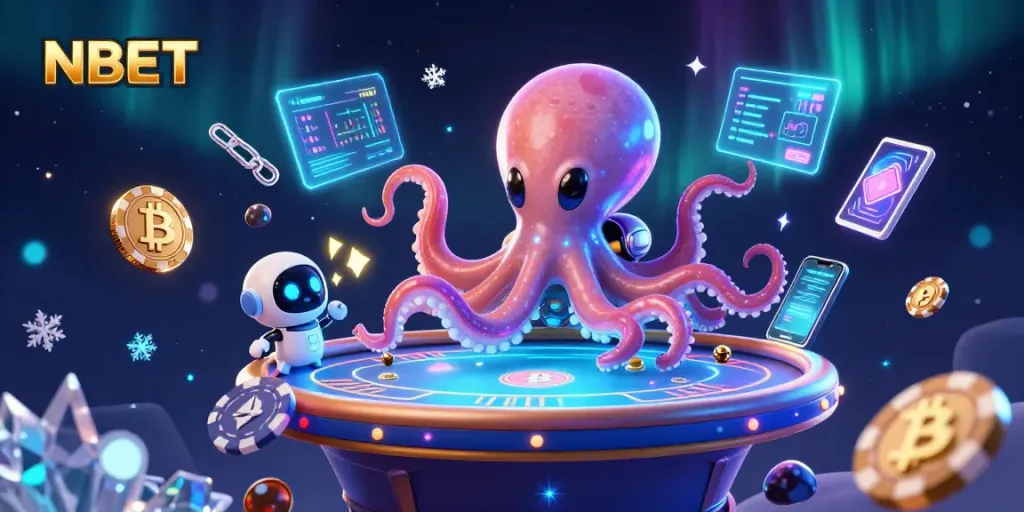Engage in thrilling NBET gambling with an alien octopus at a holographic poker table.