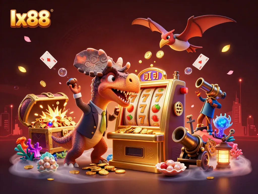 Experience the excitement of lx88 as a dinosaur interacts with a slot machine, capturing the fun of gambling.