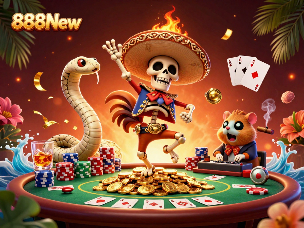 Experience thrilling wins at 888New with a lively casino scene featuring unique characters and vivid gaming elements.