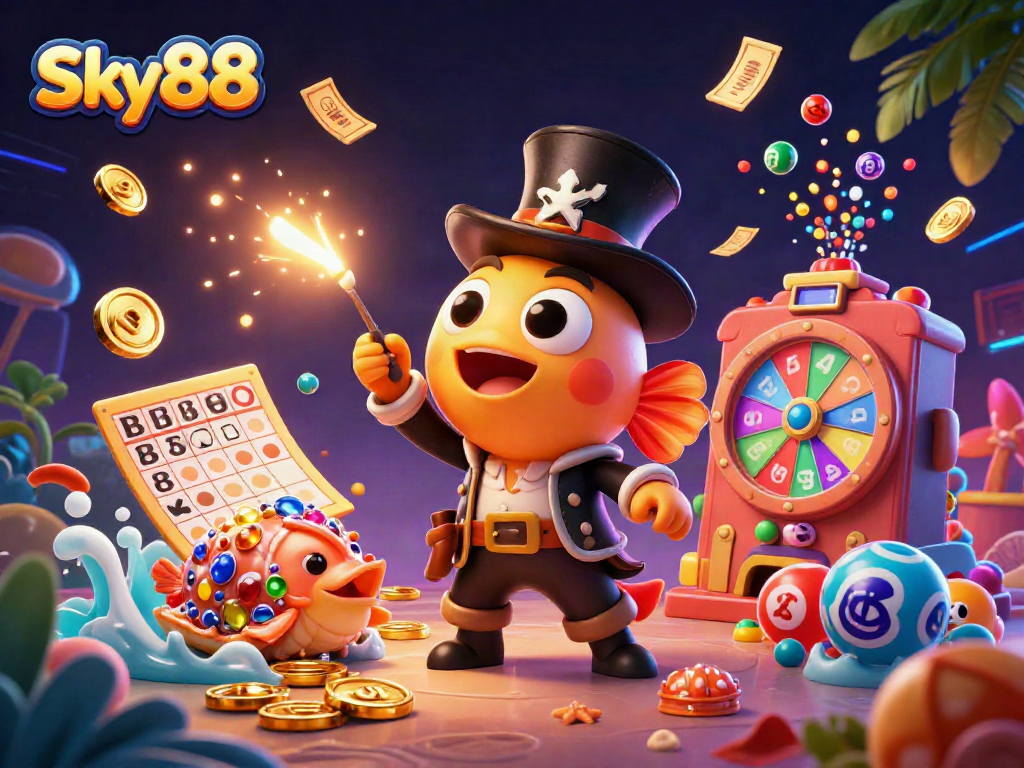 Celebrate gaming fun on Sky88 with vibrant lottery elements and exciting characters.