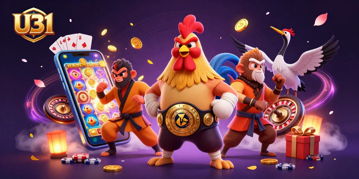 Spin the reels at U31 with a lively scene featuring a Muay Thai rooster, Shaolin monkey, and crane master.