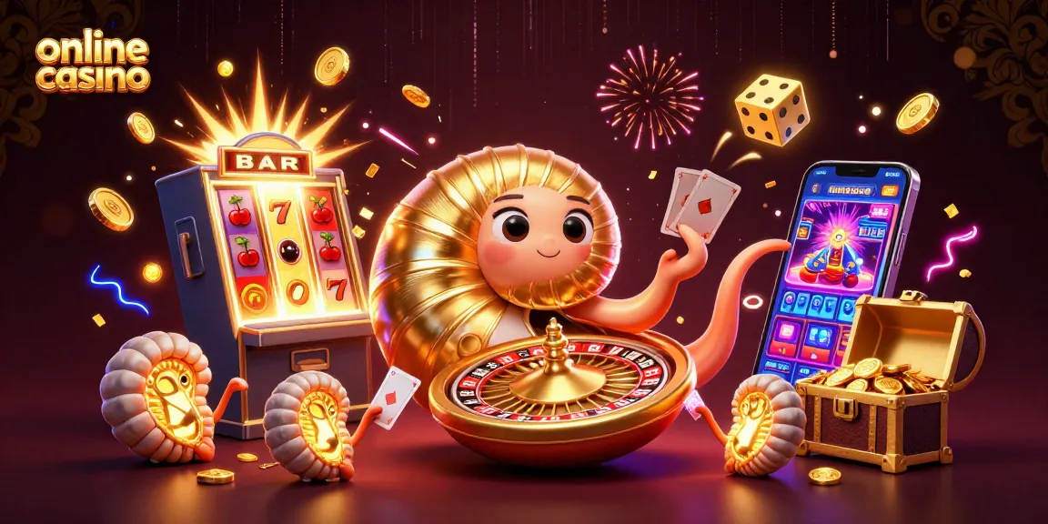 Experience the thrill of an online casino with a vibrant 3D illustration featuring giant nautilus and jackpot excitement.