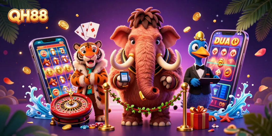 Experience exciting gaming at QH88 with a vibrant scene of a woolly mammoth bouncer and VIP tiger guest.