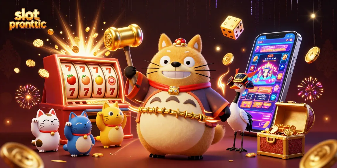 Mainkan slot pragmatic dengan karakter tanuki keberuntungan dan mesin slot yang gemerlap di latar belakang.
