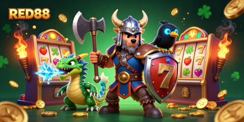 Experience the thrill of slots at RED88 with a Viking wolf warrior, dragon, and glowing arcade elements.