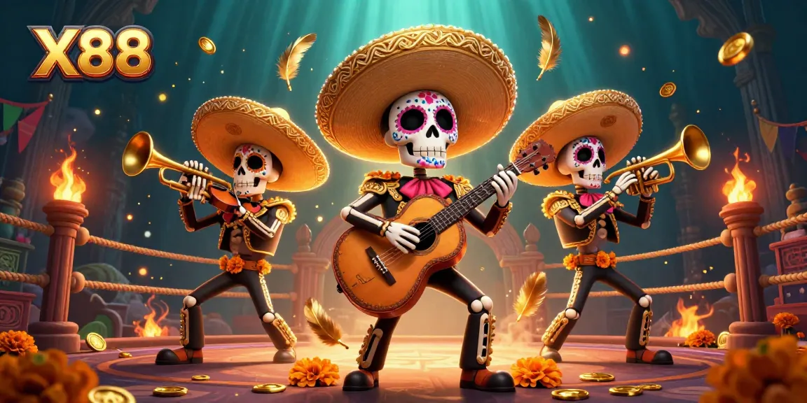 Engage in thrilling gameplay at X88 with colorful 3D skeleton mariachi band and exciting casino elements.