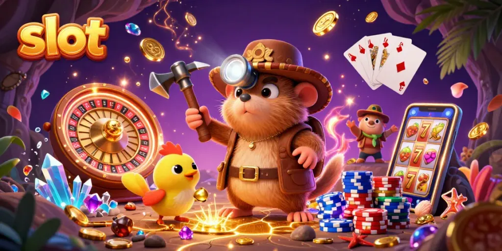 Spin the slot reels and watch cascading coins fly in this action-packed casino illustration.