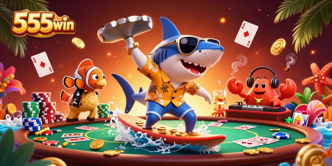 Experience excitement at 555win with a shark surfing coins and a clownfish as they bet brilliantly!