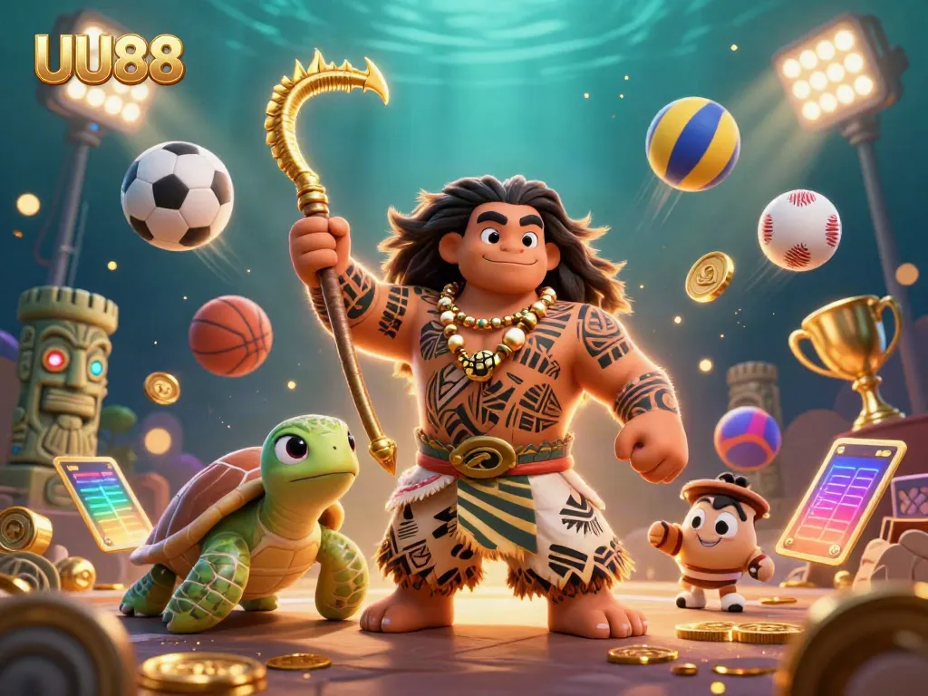 Action-packed scene showcasing UU88-themed gambling with vibrant characters and dynamic sports elements.