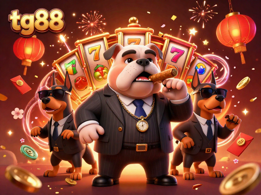 Spin the reels at tg88 with a 3D mafia bulldog, showcasing vibrant casino excitement and lucky elements.