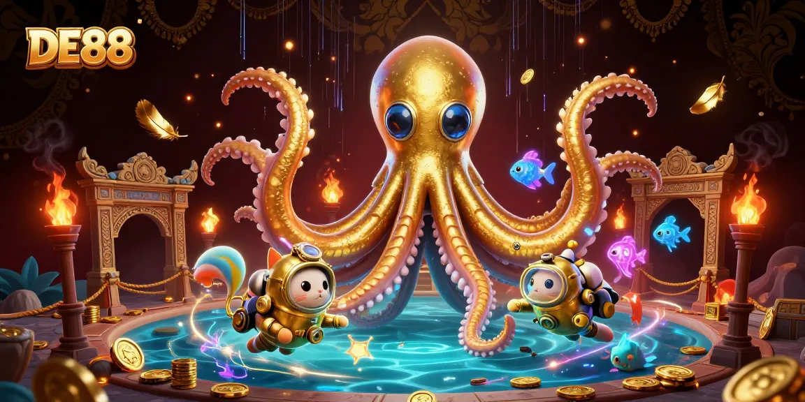 Engage in thrilling gameplay with DE88, featuring a kraken and diving cat amidst casino elements.