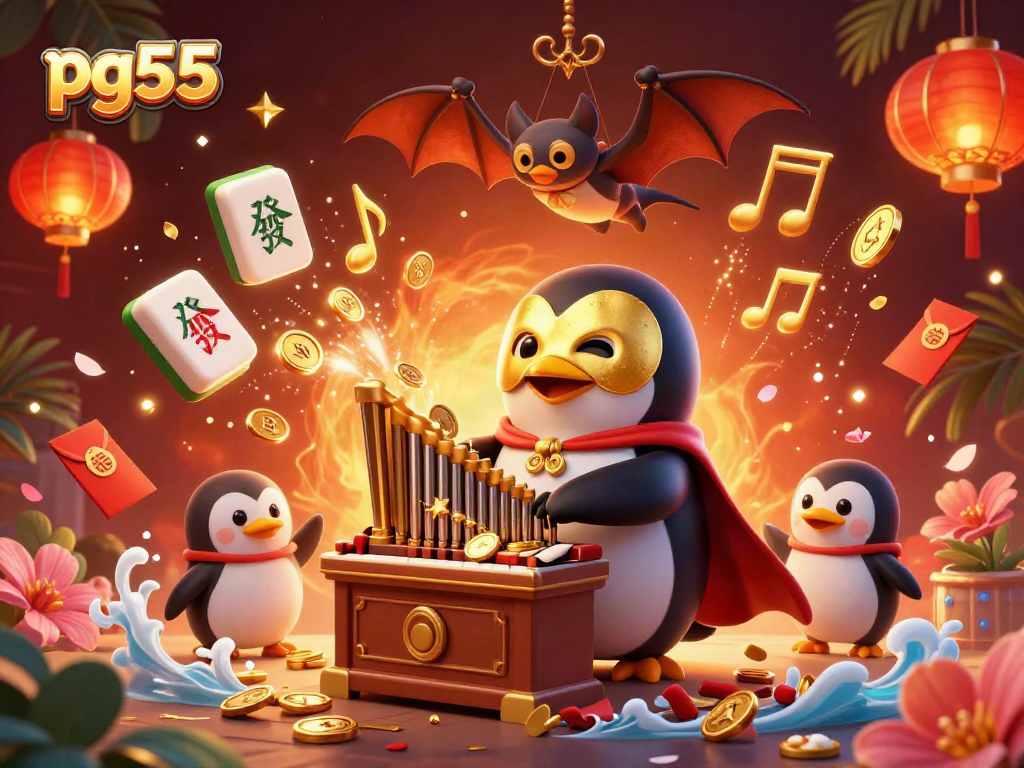 Experience pg55 with a phantom penguin playing an organ while golden coins and Mahjong tiles float around.