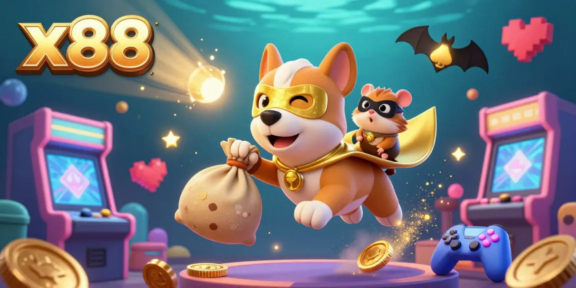 x88 players diving into a colorful casino adventure, featuring a superhero dog, a tiny hamster, and vibrant gaming elements.