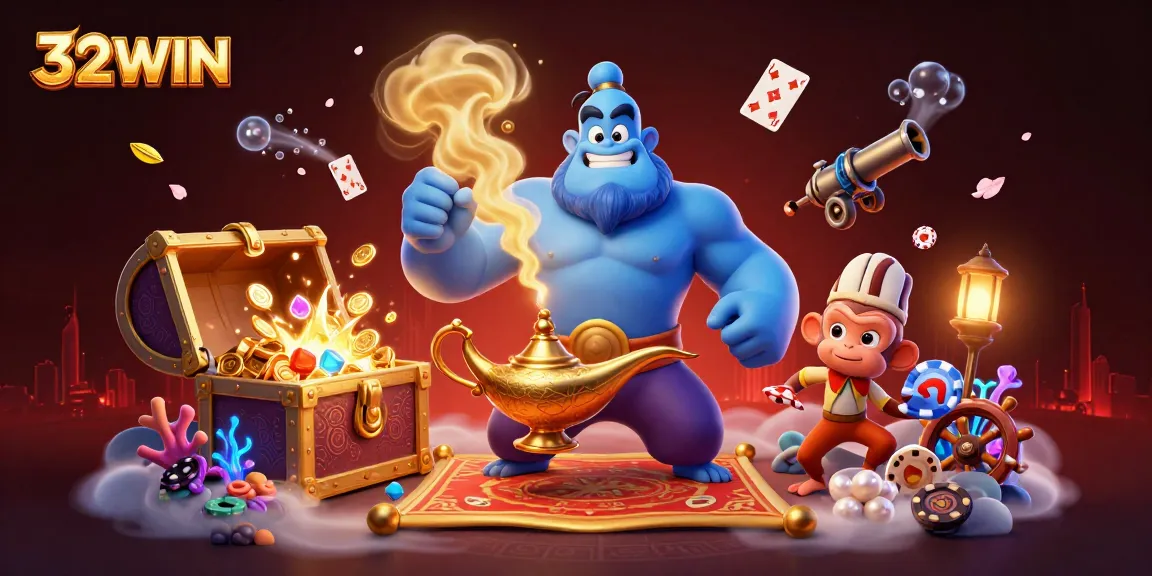Experience exciting gameplay at 32WIN with a magical casino scene filled with treasure and adventure.