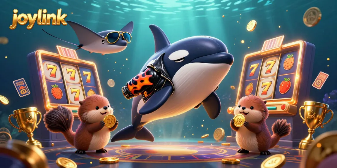 Engage with joylink slots and rewards, featuring a vibrant orca and otters in dynamic casino action.