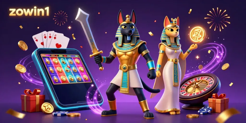 Engage with the exhilarating world of z‍owin1 as Anubis and Bastet celebrate casino gaming amidst swirling confetti and glowing hieroglyphs.