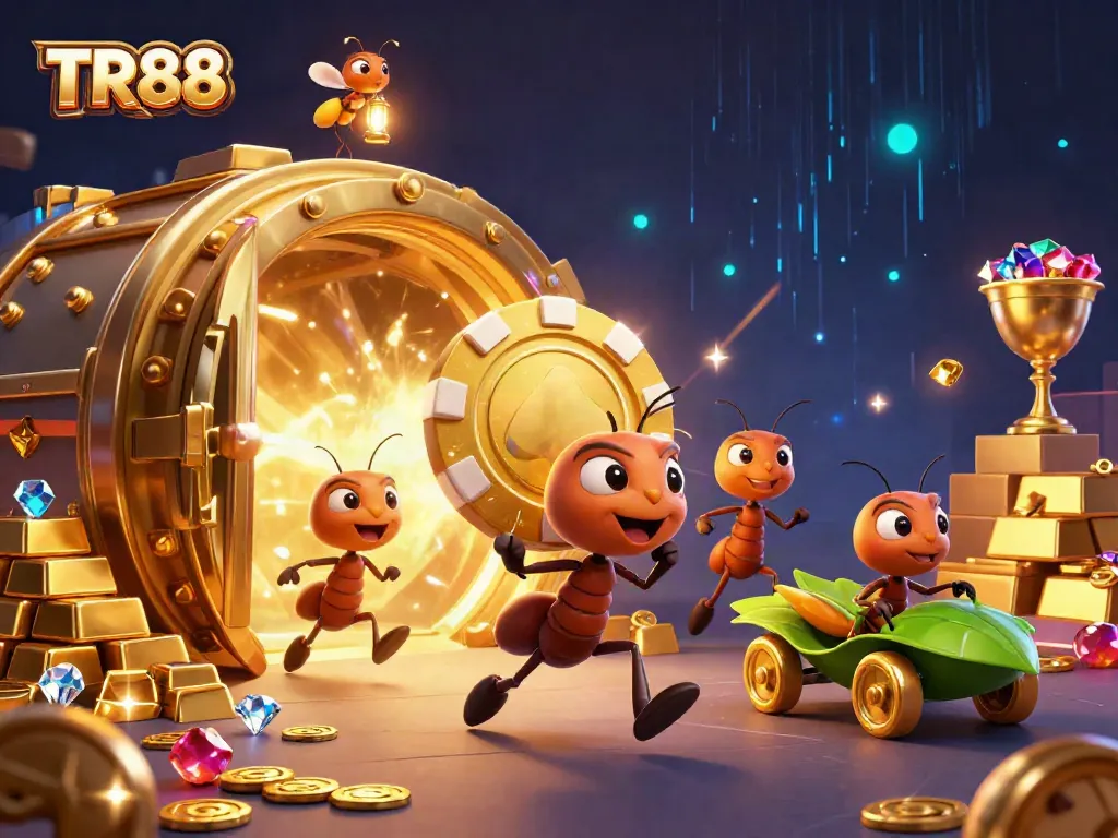 TR88 ants execute a daring heist for giant poker chips amidst sparkling casino treasures.