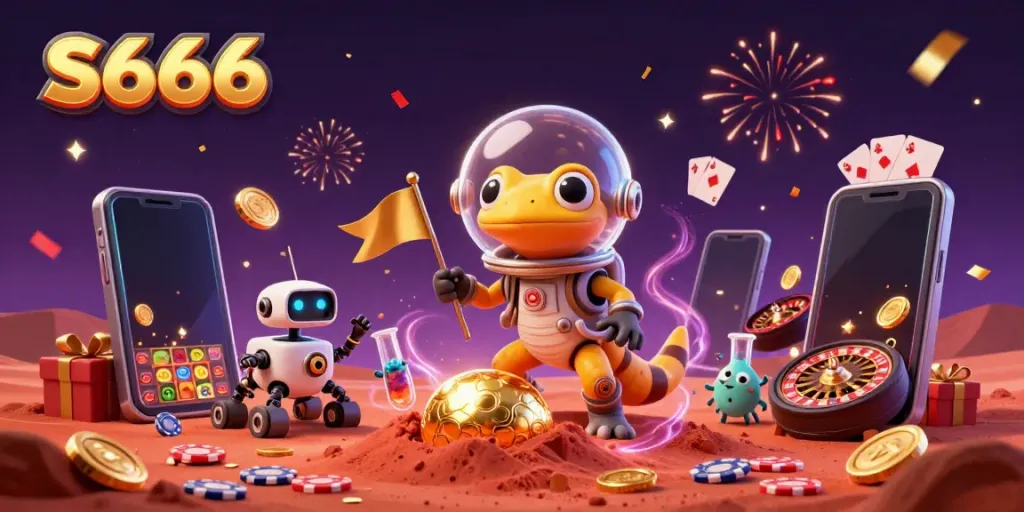 S666 provides a vibrant scene with a Martian gecko and a golden casino surrounded by gaming elements, celebrating exciting gameplay.